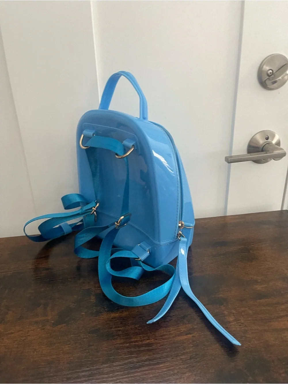 Blue Patent Mini Backpack Tote